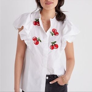 Anthropologie Dhruv Kapoor Cherries Sequin Sleeveless Ruffled Button Blouse Top